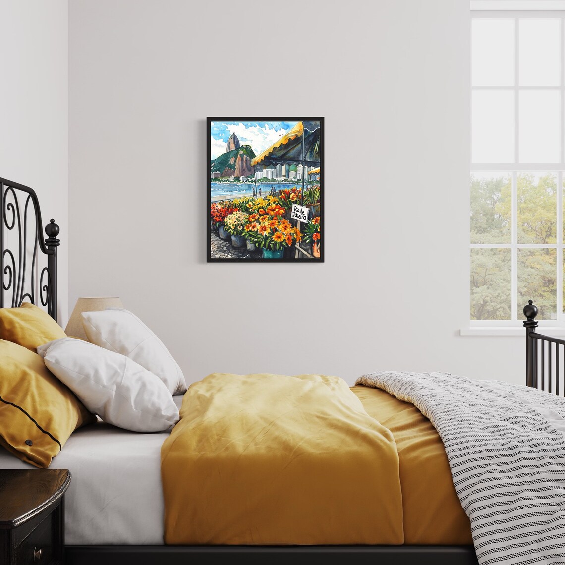 Rio de Janeiro Brazil Sugarloaf Watercolor Flower Scene Poster - Image 3
