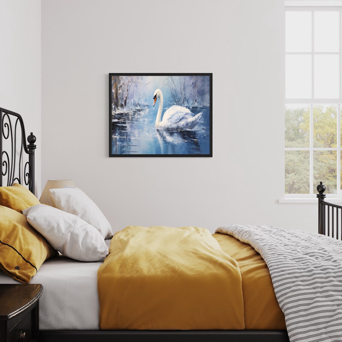 Elegant White Swan Gliding on Icy Blue Winter Water Painting Poster - Image 2