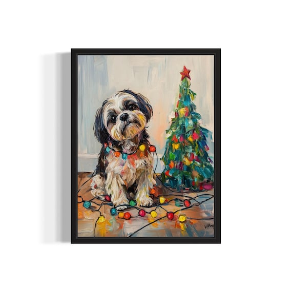 Shih Tzu Puppy Wrapped in Colorful Christmas Lights Holiday Poster