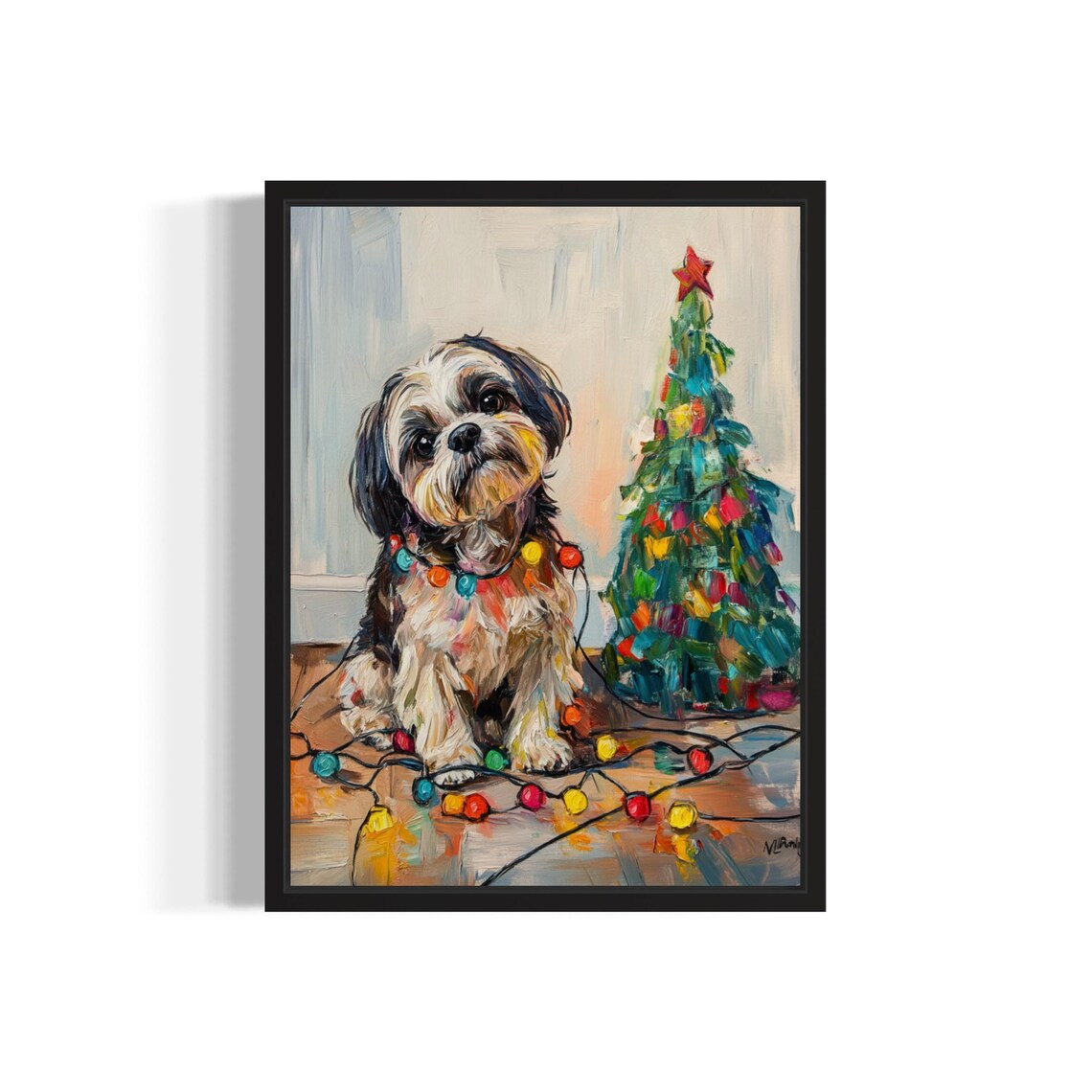 Shih Tzu Puppy Wrapped in Colorful Christmas Lights Holiday Poster