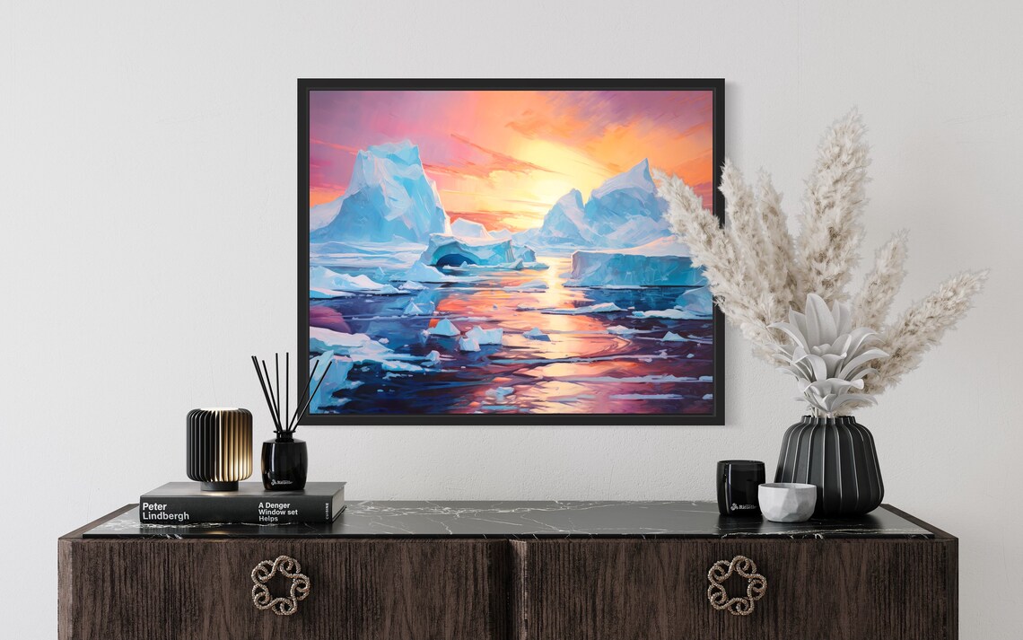 Arctic Icebergs Sunset Reflection Oil Painting Style Art Poster - Image 2