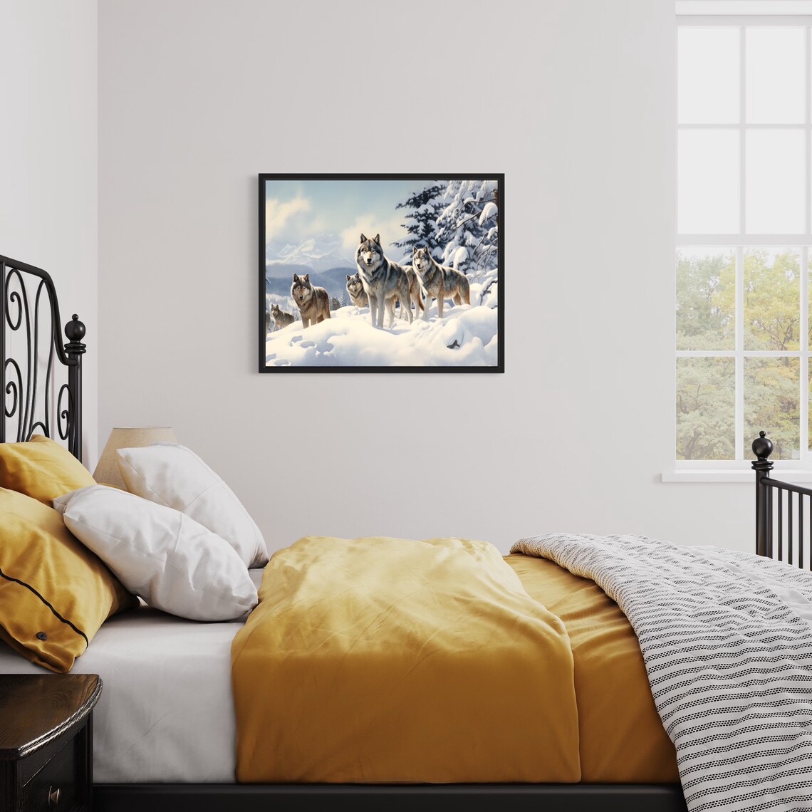 Wolf Pack on Snowy Mountain Ridge Winter Wildlife Painting Poster - Image 2