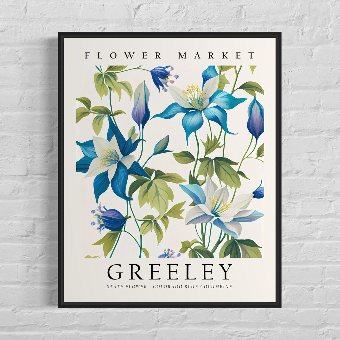 Greeley Colorado Blue Columbine Pastel Botanical Flower Market Poster