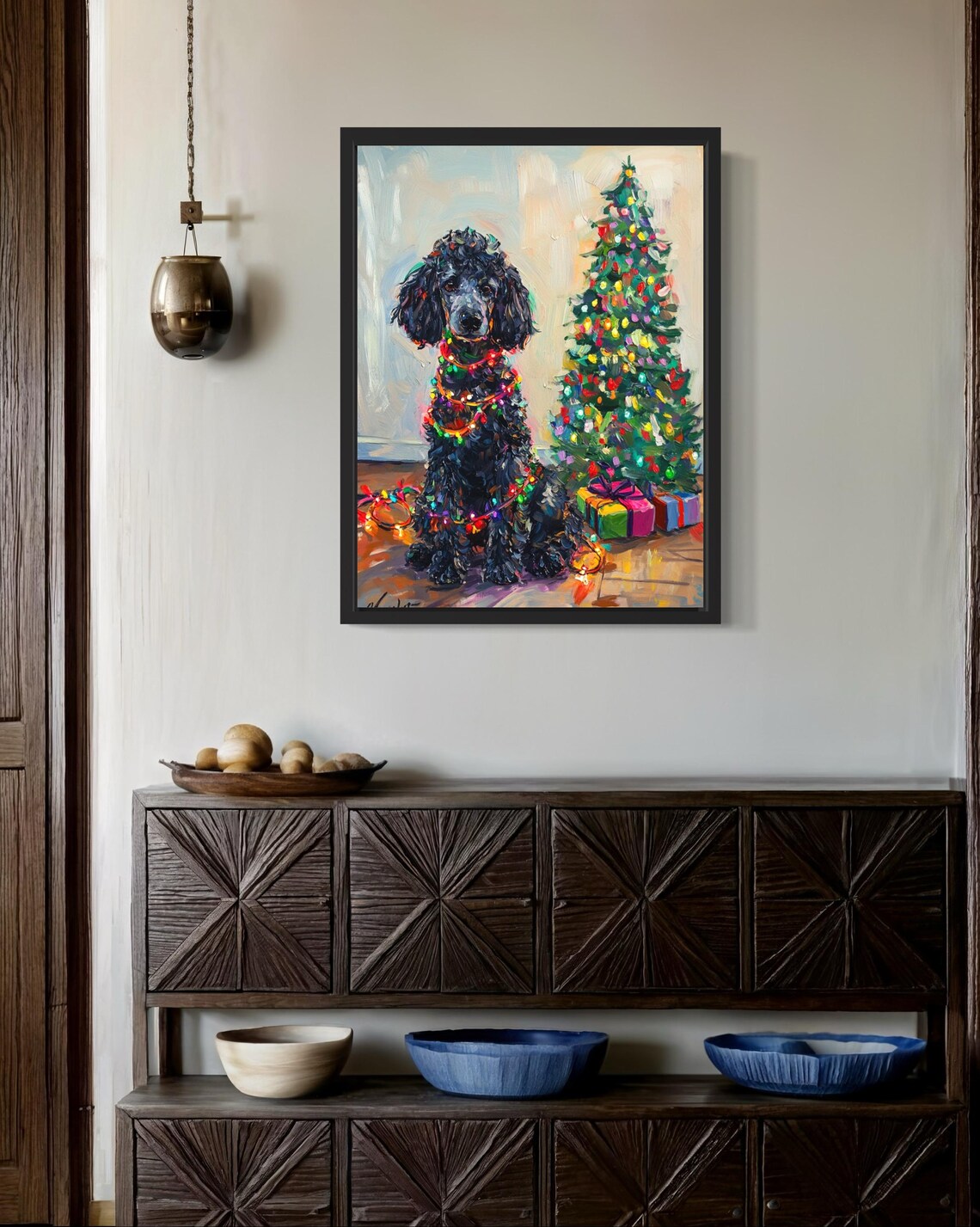 Poodle Dog Tangled In Christmas Lights Art Print - Image 3