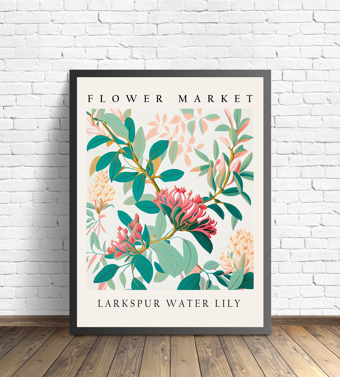 Larkspur Water Lily Coral Botanical Flower Market Pastel Print