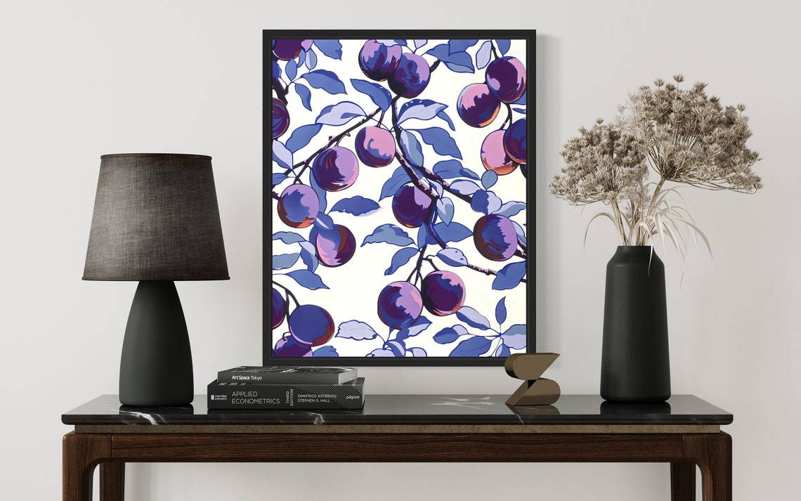 Plum Branch Pattern Purple Blue Botanical Fruit Kitchen Poster - Image 2