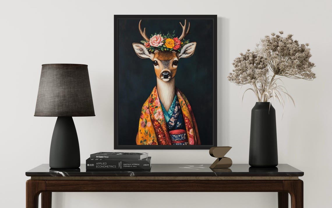 Deer Poster Art Print Animal Flowers In Kimono Wall Art Decor Painting Artwork - Image 2