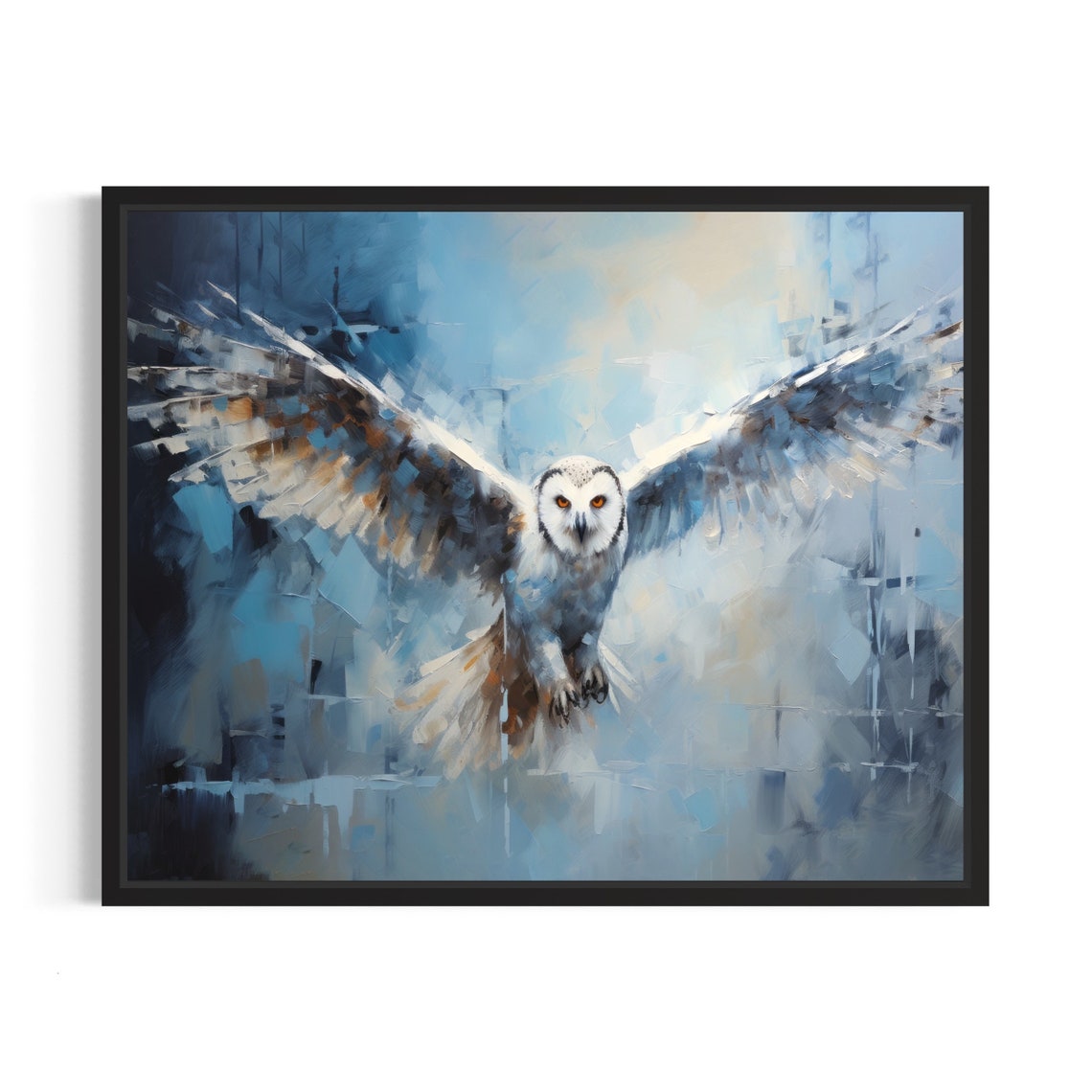 Snowy Owl in Flight Wings Spread Blue Abstract Painting Poster