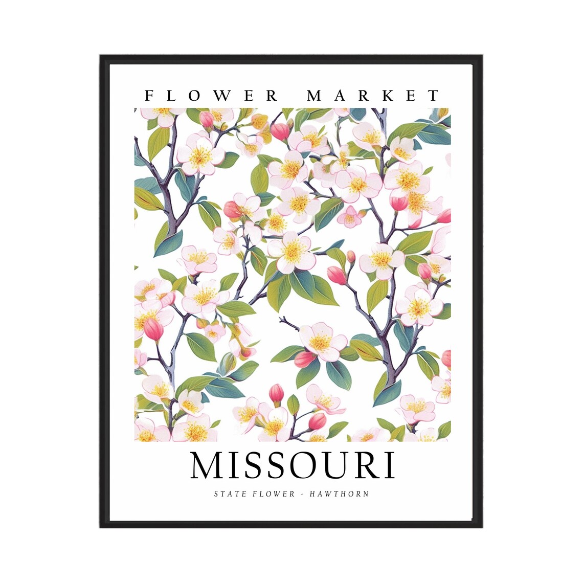 Missouri State Flower Hawthorn, Neutral Botanical Art Print