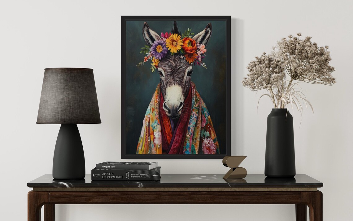 Donkey Flower Crown Kimono Portrait Japanese Style Farm Animal Poster - Image 2