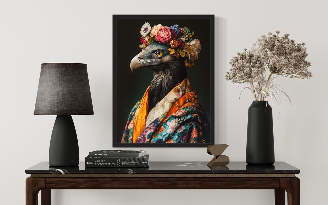Vulture Wearing Floral Kimono and Flower Crown Portrait Poster - Image 2