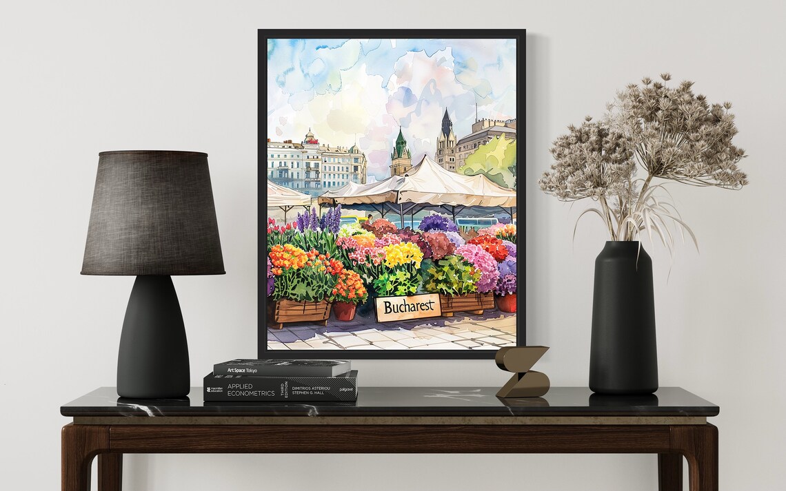 Bucharest Flower Market Watercolor Poster Old Town Rooftop Scene - Image 2
