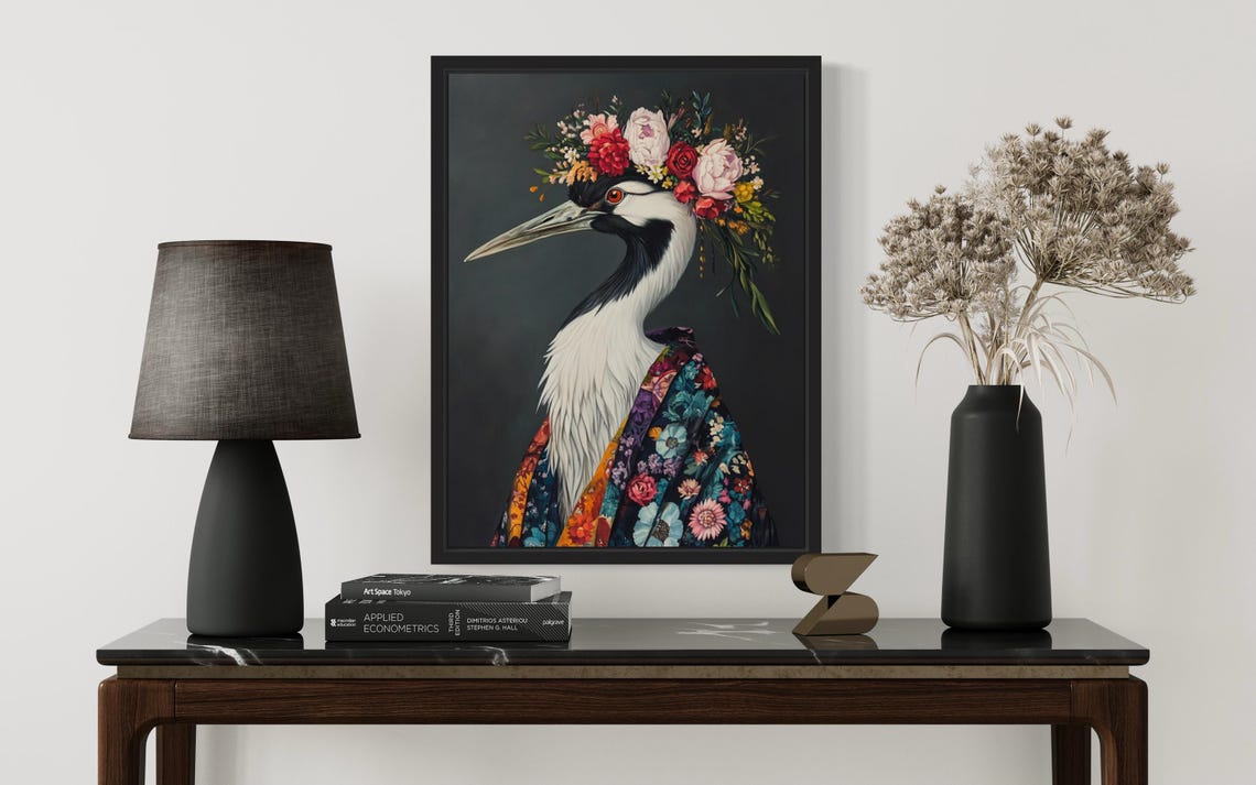 Crane Flower Crown Kimono Portrait Japanese Style Bird Art Poster - Image 2