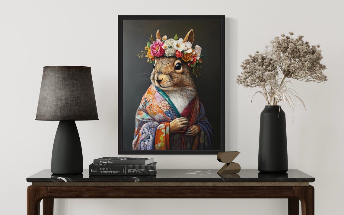 Squirrel Poster Art Print Animal Flowers In Kimono Wall Art Decor Painting Artwork - Image 2