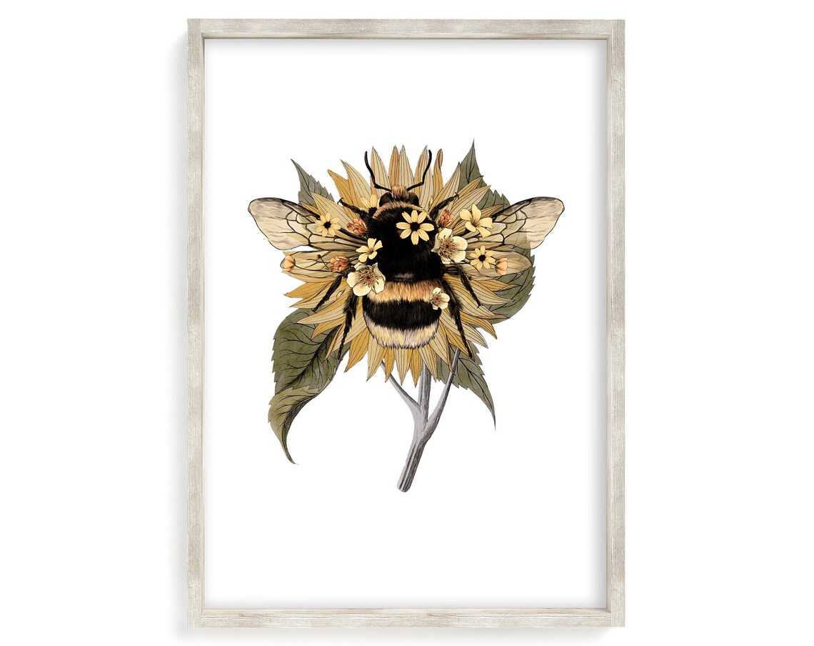 Bee Print and Sunflower Bumble Floral Art Print