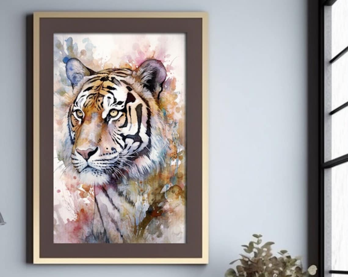 Tiger Head Watercolor Portrait Wildlife Big Cat Painting Poster