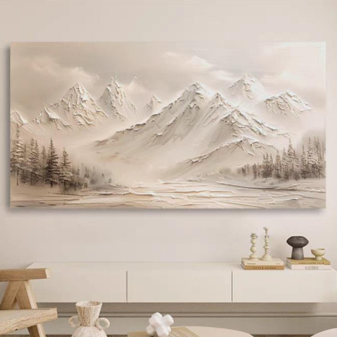 Snowy Mountain Forest Oil Painting, Modern Landscape Art