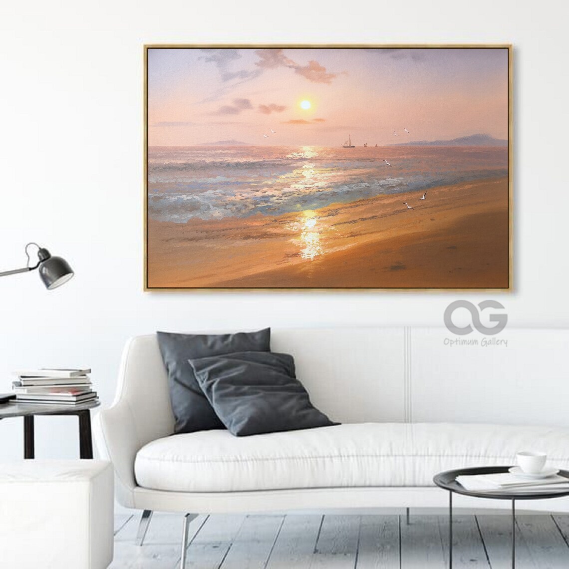 Golden Sunset Ocean Painting Sunlit Waves Beach Shore Seagull Wall Art Poster - Image 2