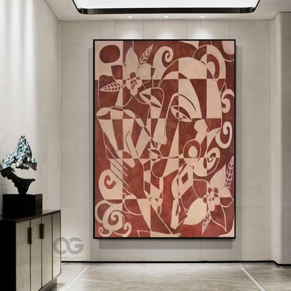 Large Red And Beige Painting Woman Portrait Abstract Painting Minimalist Wall Art Picasso Style Textured Wall Art Modern Friends Art Decor