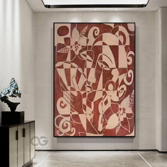 Terracotta Red Beige Line Art Face Abstract Floral Swirl Geometric Poster