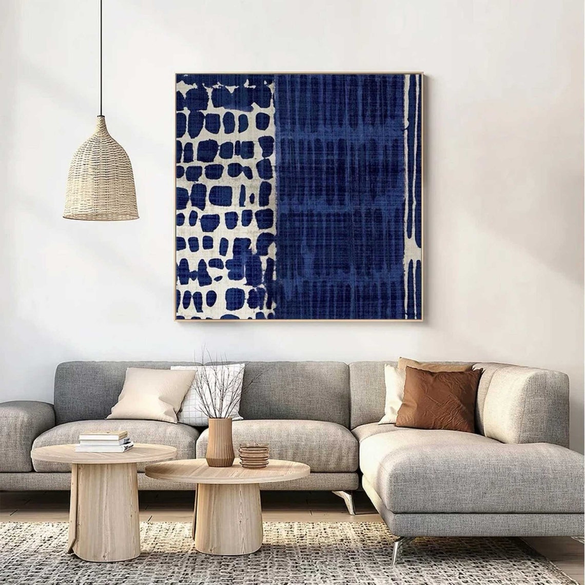 Navy Blue Cream Abstract Indigo Pebble Streak Modern Textile Poster - Image 2