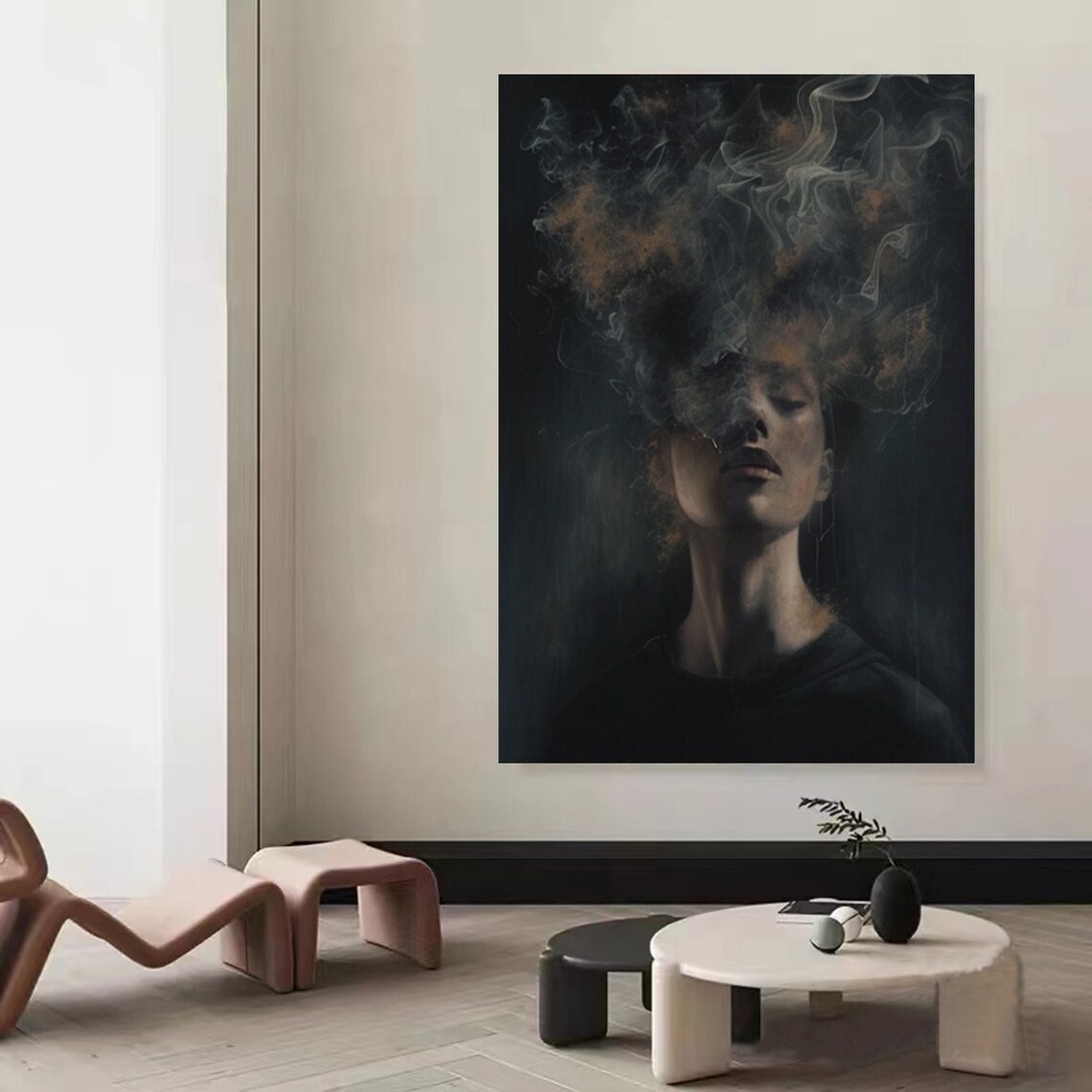 Mysterious Woman Face Smoke Dissolving Dark Abstract Figurative Art Poster - Image 5