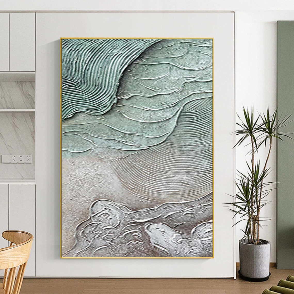 Turquoise Wave Beige Shore Textured Abstract Ocean Relief Art Poster