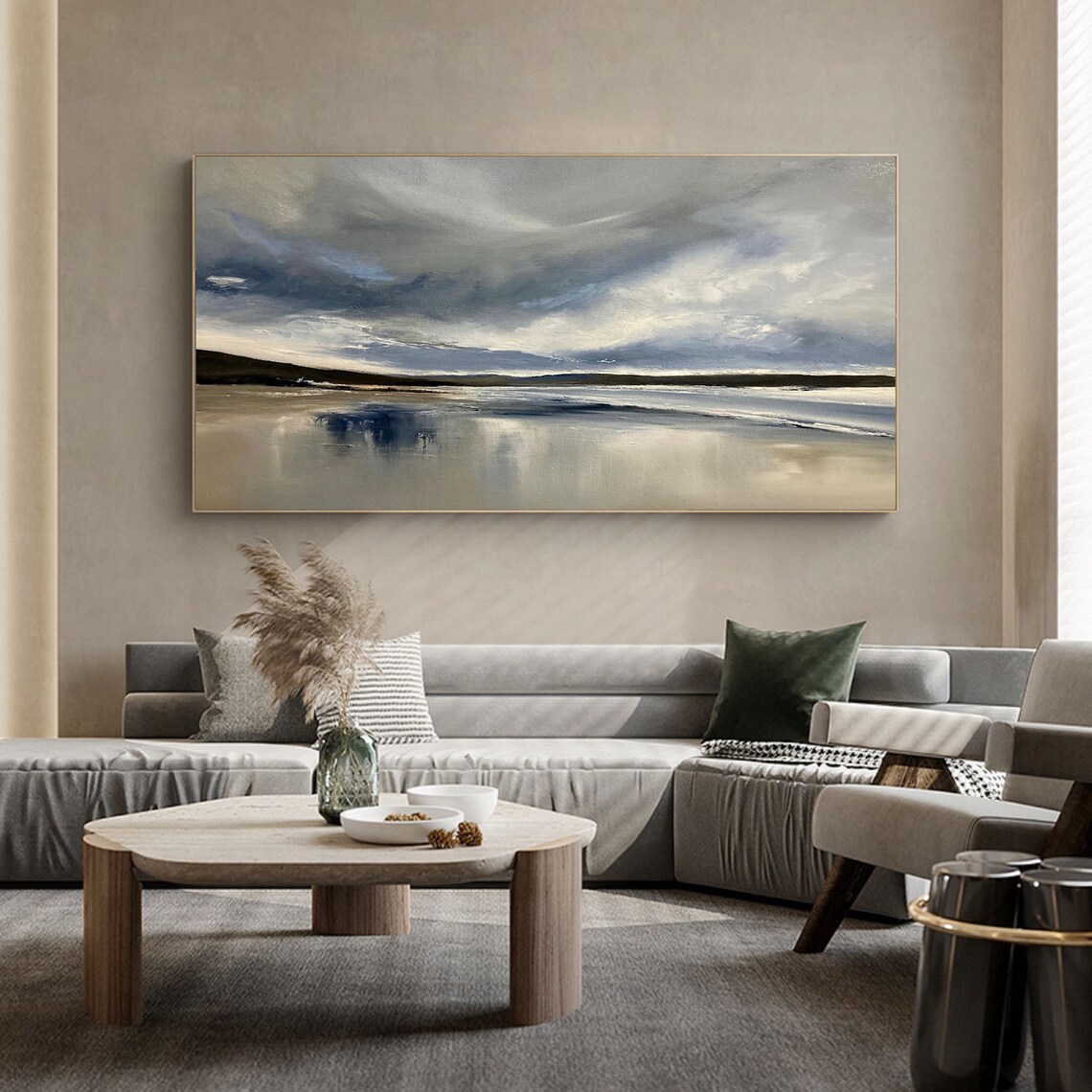 Grey Cloudy Beach Seascape Moody Shore Reflection Panoramic Wall Poster - Image 3