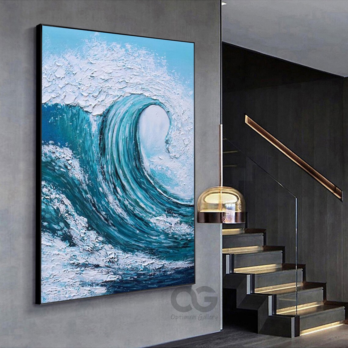 Dramatic Turquoise Ocean Wave Painting Curling Foam Impasto Vertical Wall Art Poster - Image 3