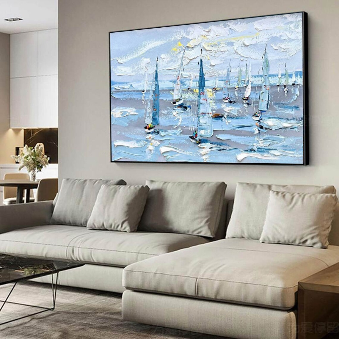 Blue Sailboat Regatta Impasto Textured Sailing Boat Ocean Wall Art Poster - Image 3