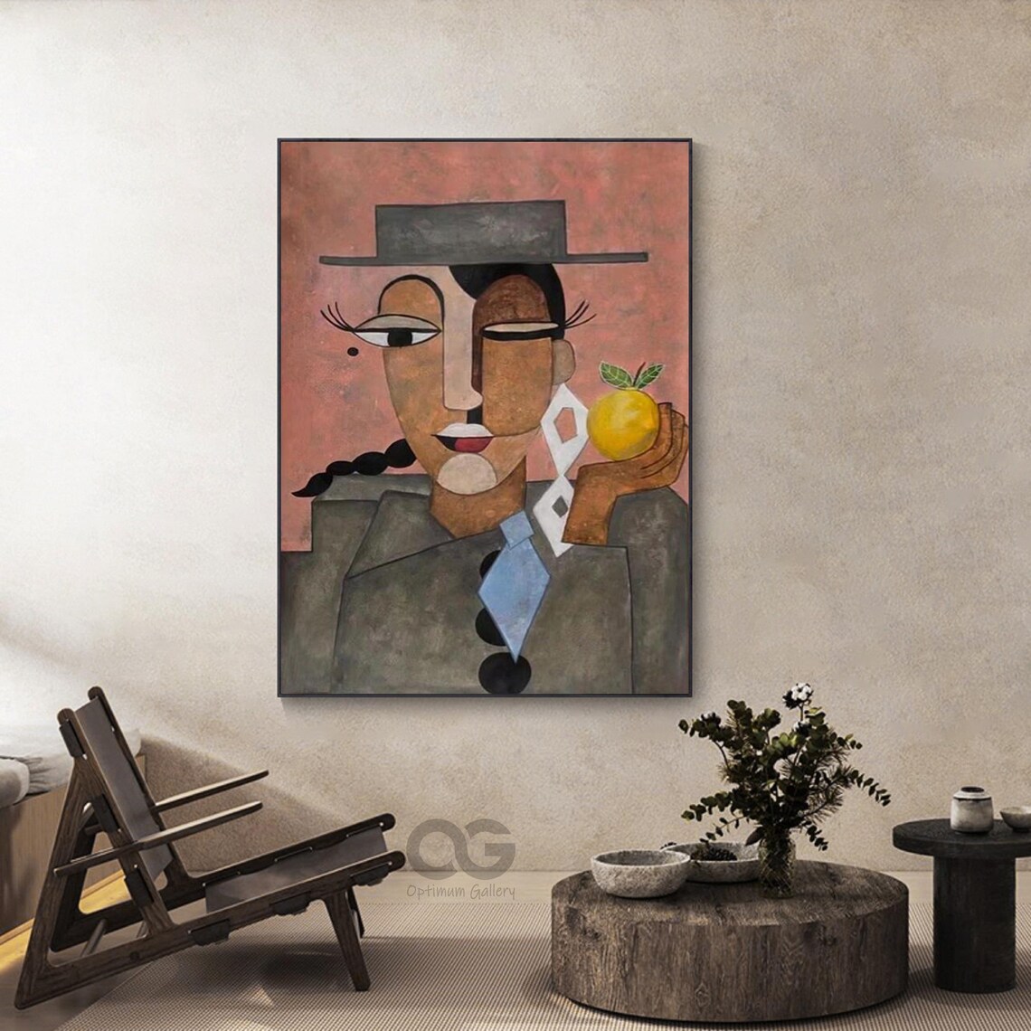 Figure With Hat Holding Lemon Picasso Style Pink Background Abstract Poster - Image 3