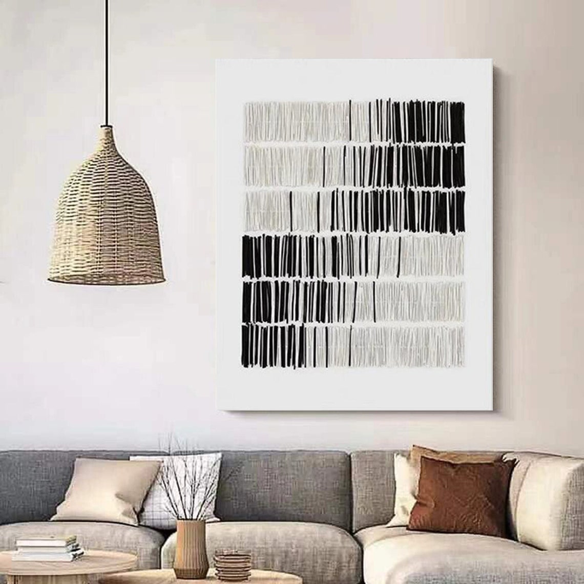 Black White Vertical Dash Grid Modern Monochrome Abstract Art Poster - Image 3