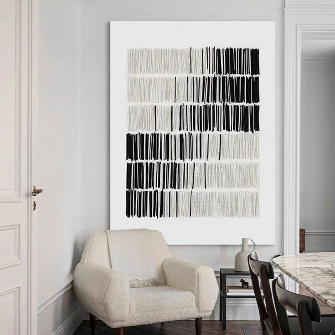 Black White Vertical Dash Grid Modern Monochrome Abstract Art Poster - Image 4