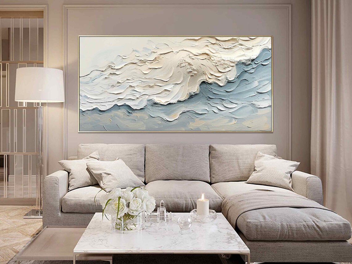 White Cream Blue Textured Ocean Waves Gold Framed Painting Modern Wall Art - Image 2