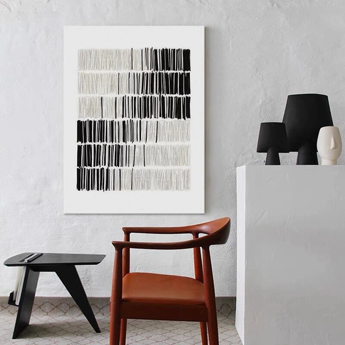 Black White Vertical Dash Grid Modern Monochrome Abstract Art Poster - Image 2
