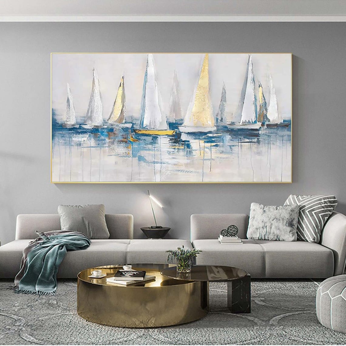 Sailboat Party Harbor Landscape, Oil Painting Art Print - Image 4