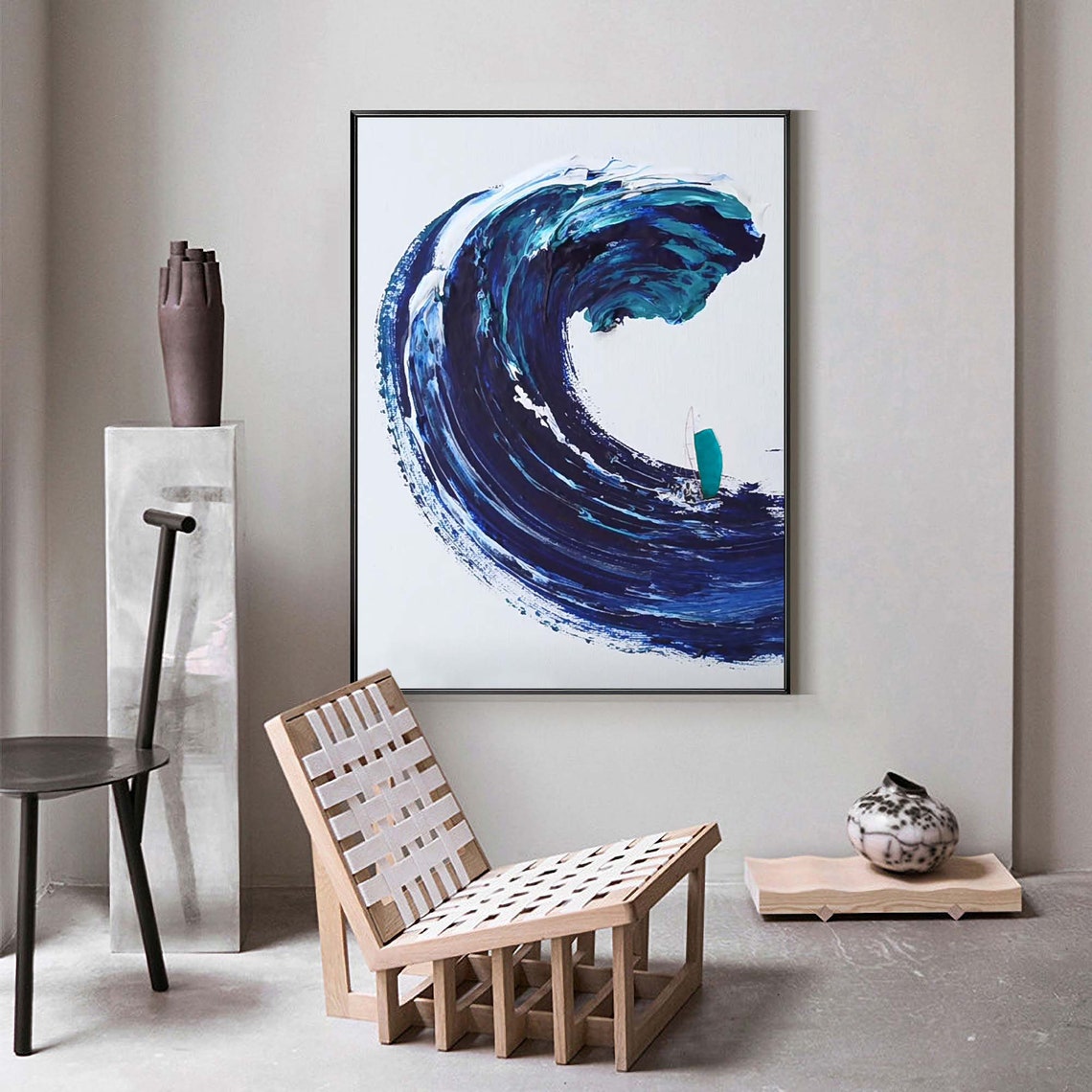 Giant Deep Blue Wave Tiny Surfer Minimal White Background Art Poster - Image 2