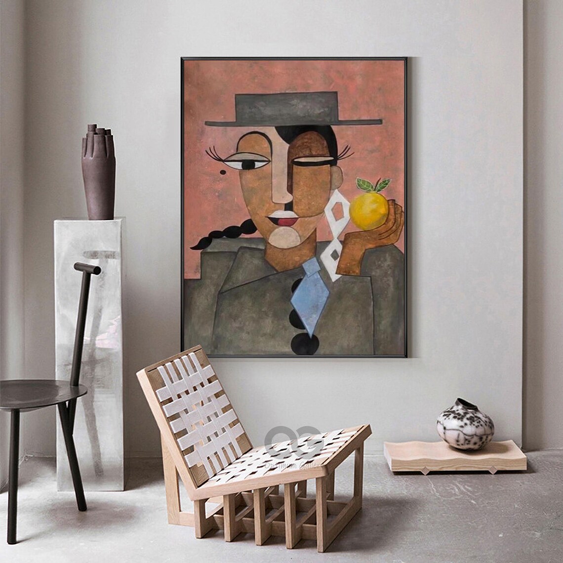 Figure With Hat Holding Lemon Picasso Style Pink Background Abstract Poster - Image 4