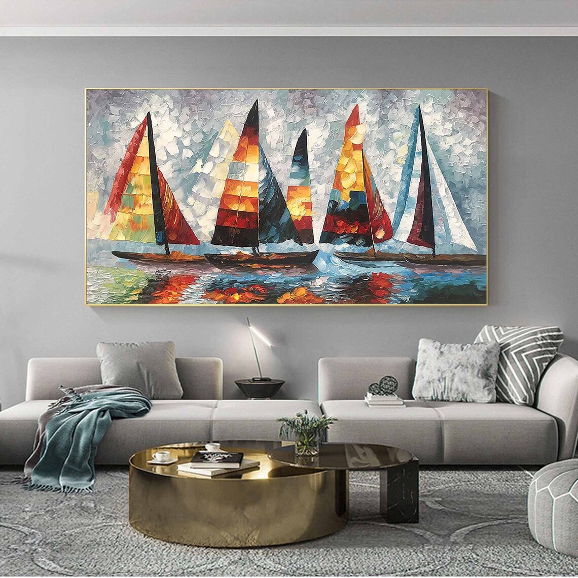 Colorful Sailboat Regatta Painting Red Orange Sails Blue Water Wall Art Poster - Image 4