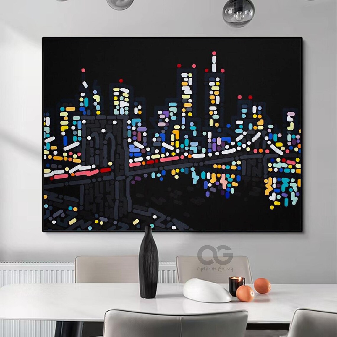 New York City Night Skyline Bridge Lights Pointillist Cityscape Poster
