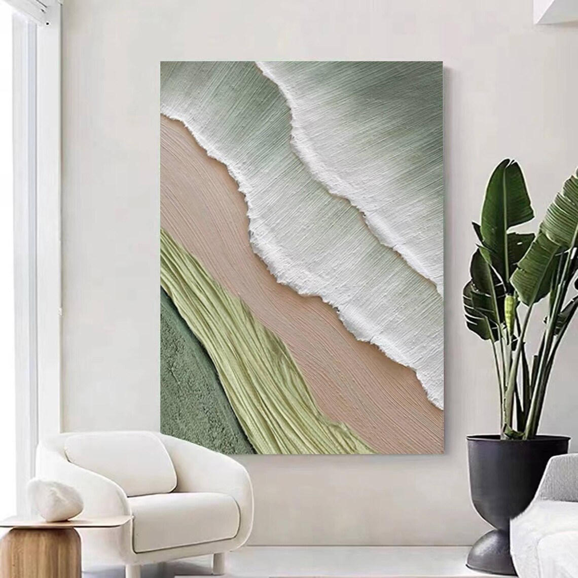 Green White Foam Wave Beige Sand Textured Coastal Abstract Scene Poster - Image 3