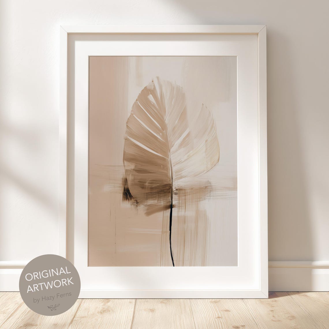 Abstract Beige Palm Leaf Brush Stroke Minimalist Boho Wall Art