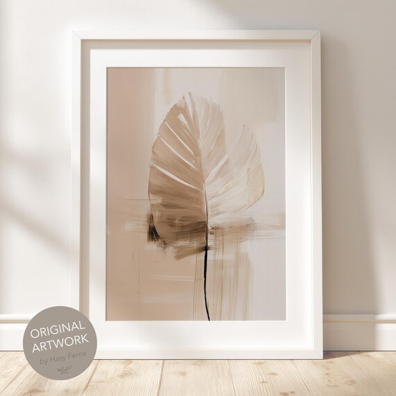 Abstract Palm Leaf Print Beige Brush Stroke Boho Wall Art