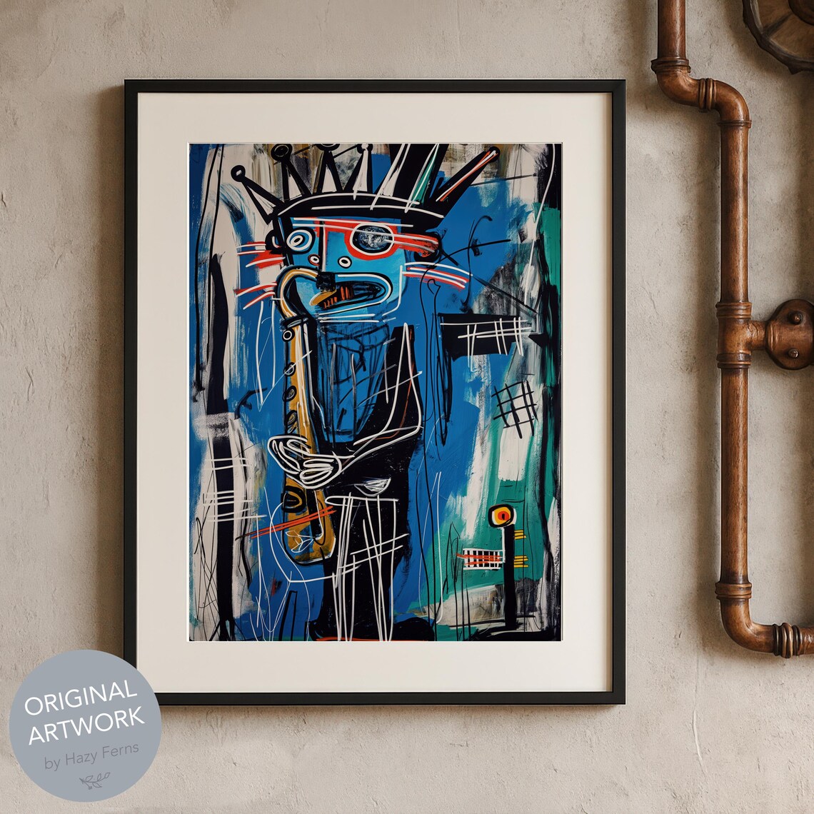 Blue Saxophonist Graffiti Face, Basquiat Inspired Poster