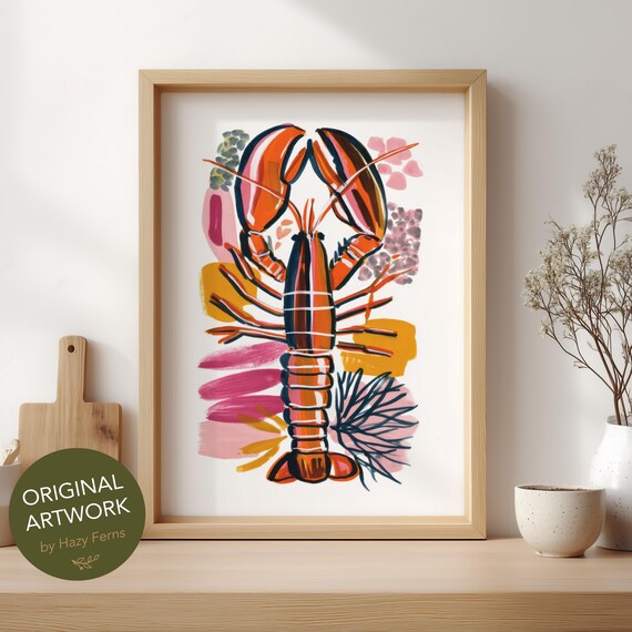Bold Red Lobster Coastal Kitchen Poster Colorful Gouache Style Wall Decor