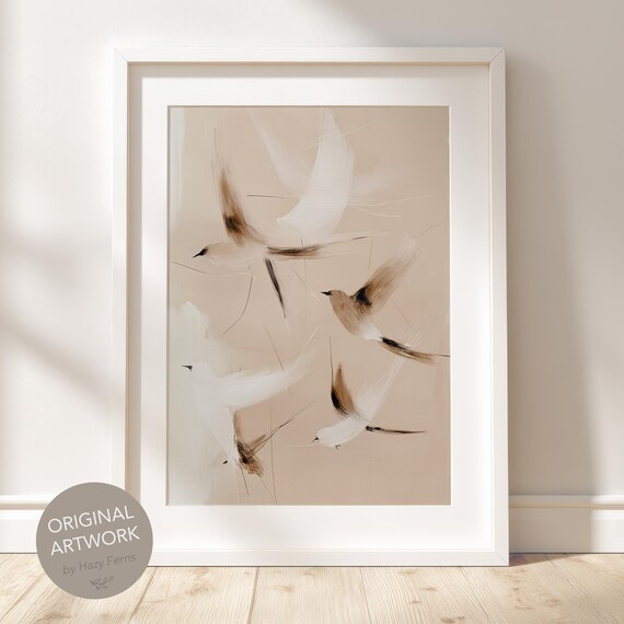 Abstract Birds Art Print Neutral Beige Brushstrokes