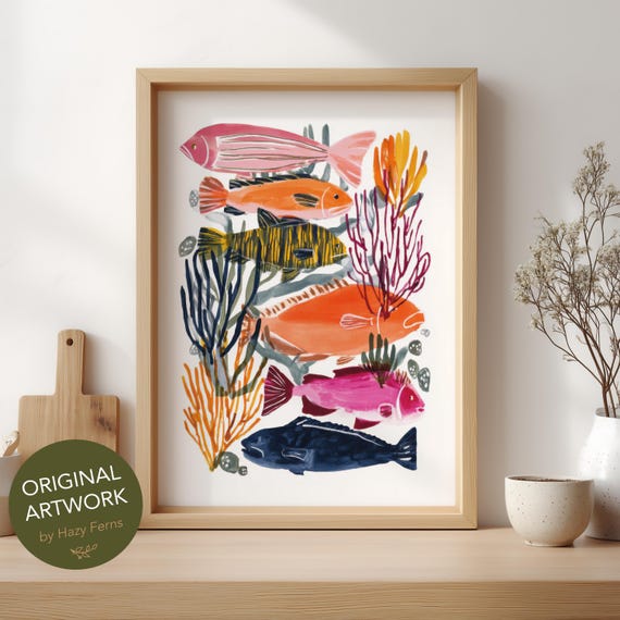 Vibrant Fish Art Print, Gouache Style Ocean Animal