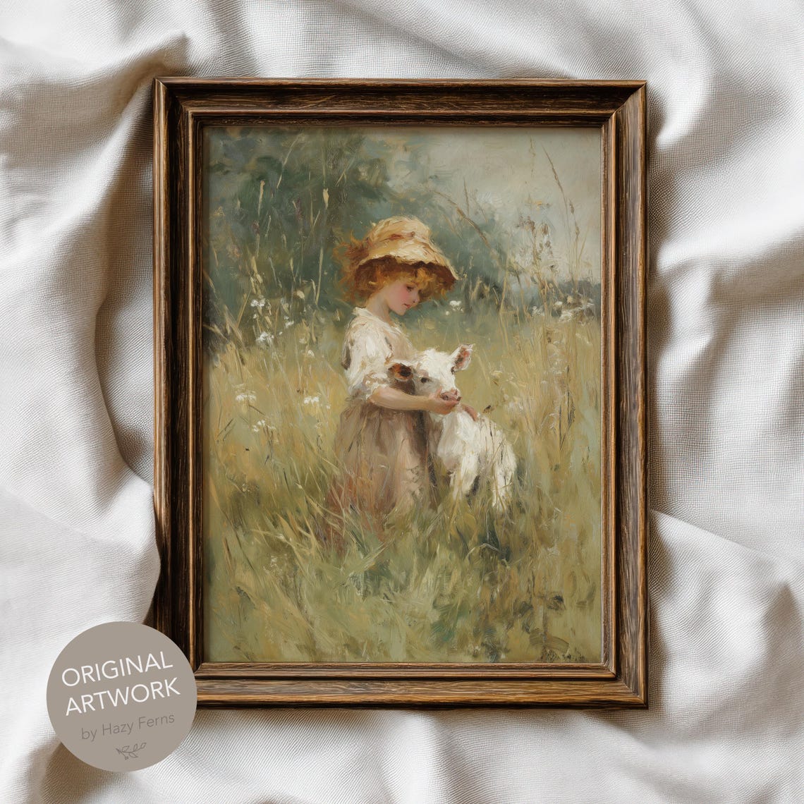 Child with Calf Meadow Vintage Impressionist Farmhouse Print