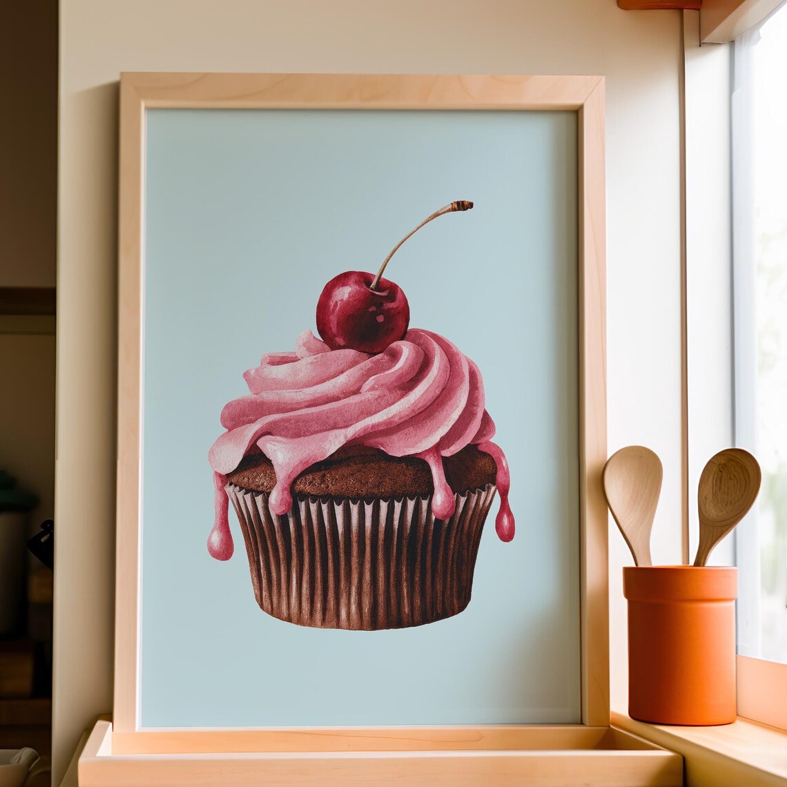 Sweet Cherry Cupcake Pink Frosting Watercolor Kitchen Art Poster