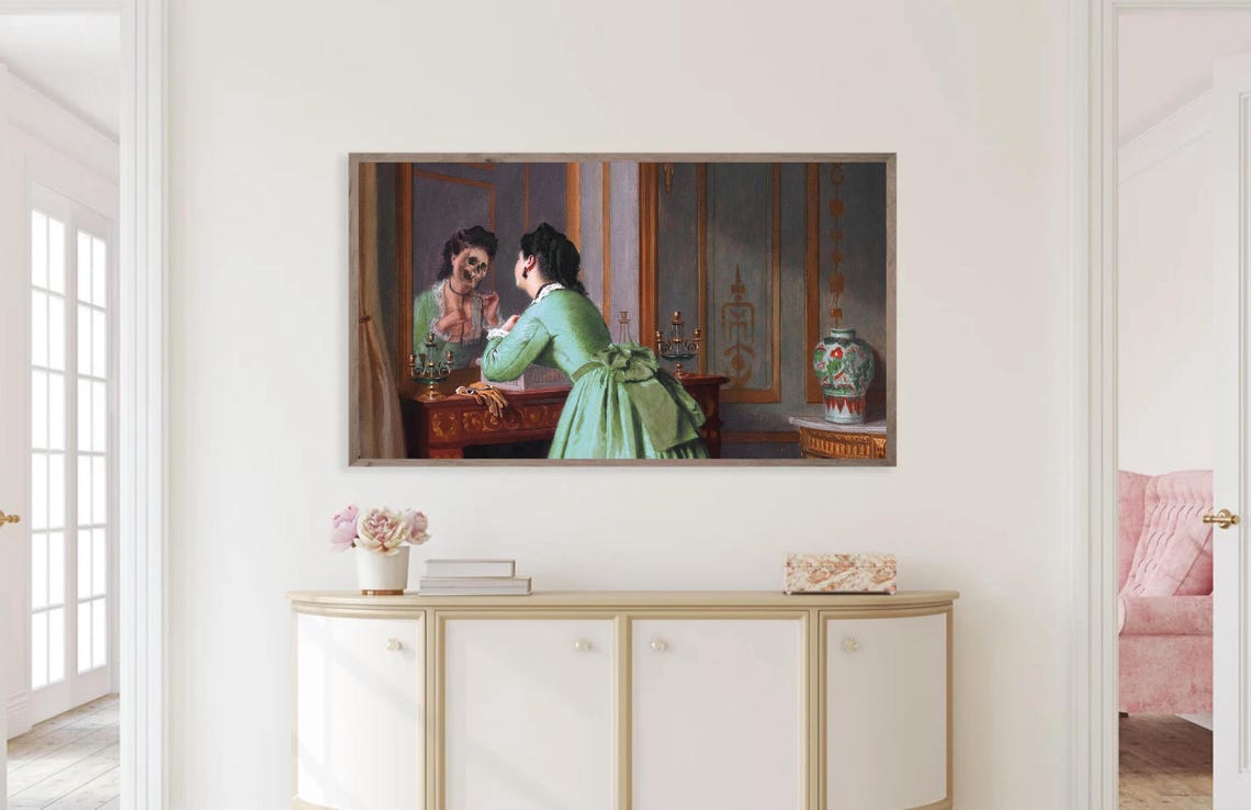 Victorian Woman Skull Mirror Reflection Subtly Spooky Fall Poster - Image 2